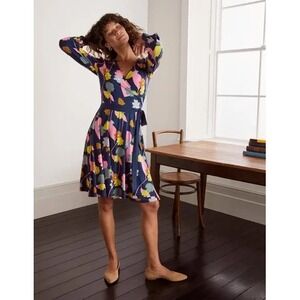 Boden Jersey Wrap Dress Sz 12 Navy Pink Floral Long Sleeve Knee Length Twee